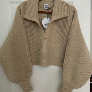 Princess Polly Tiara Cropped Beige Knit Sweater with Balloon Sleeves